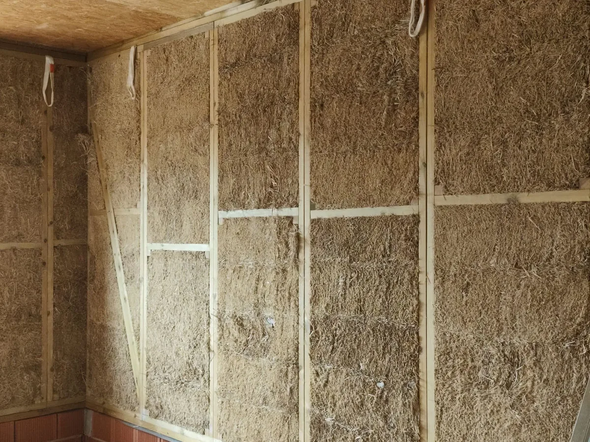 Muro interior con los módulos de paja compactada vistos entre los montantes de madera