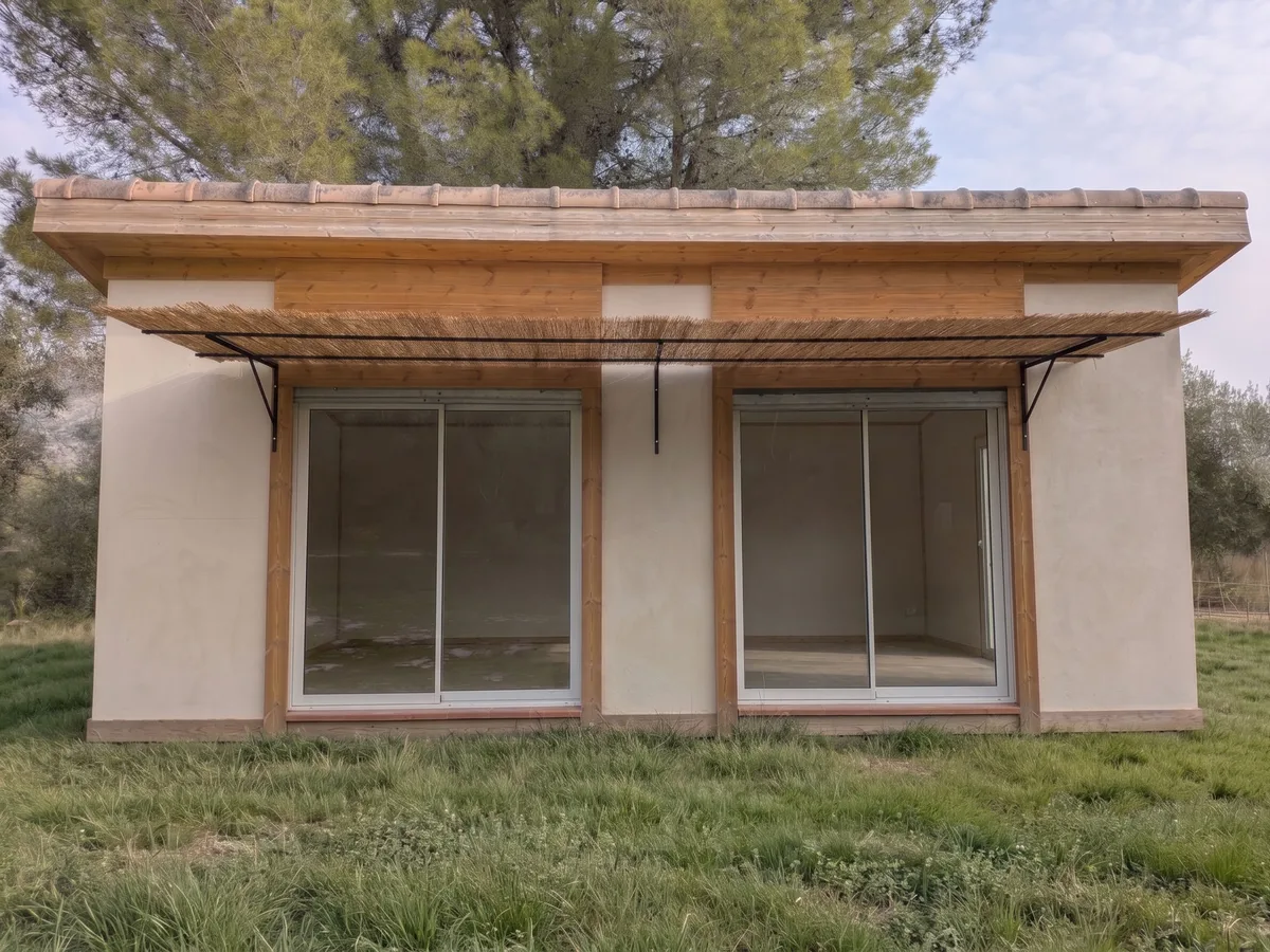 Tiny house acabada con paredes de cal, carpintería de madera y porche de cañizo, entre pinos